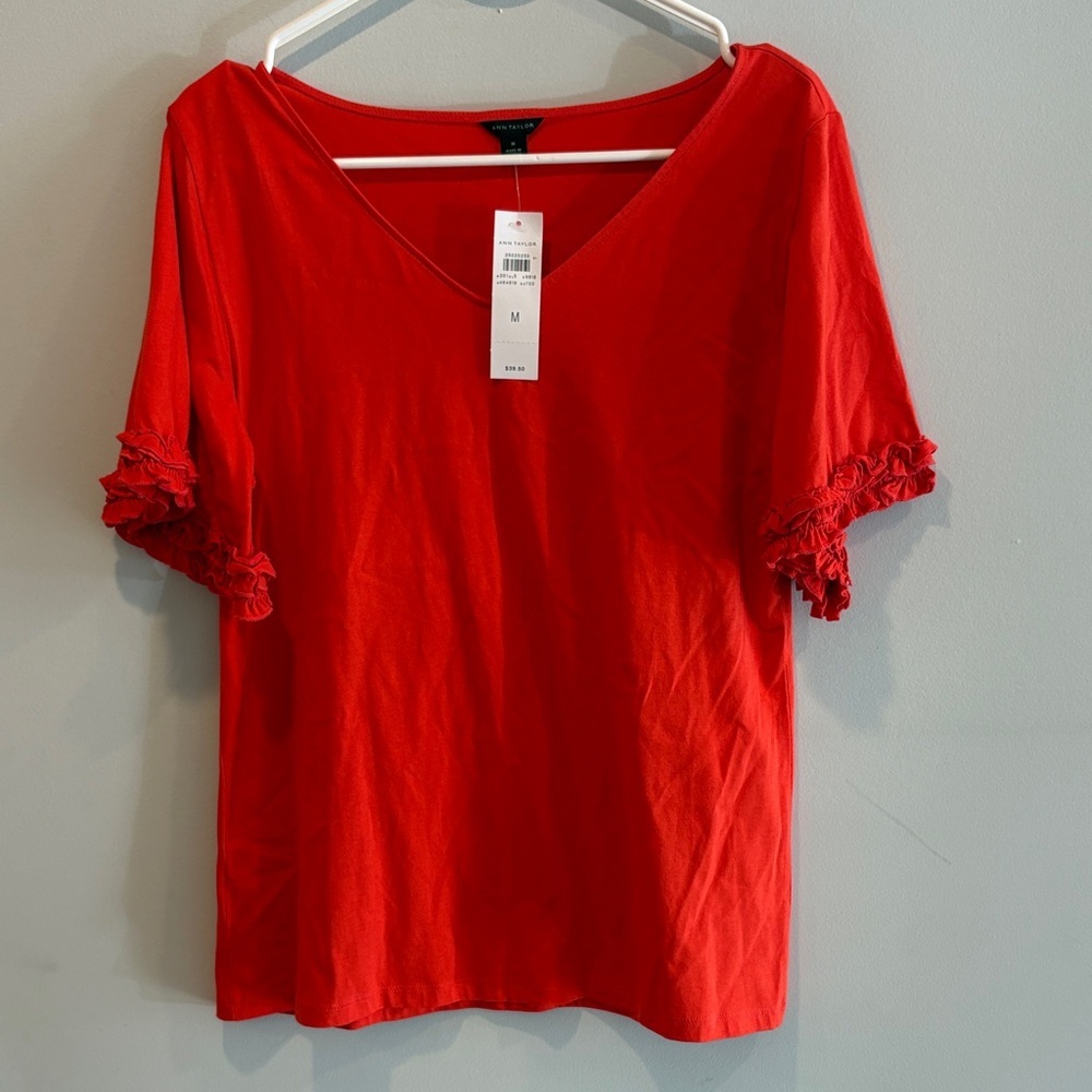Ann Taylor Red Ruffle Sleeve Tee